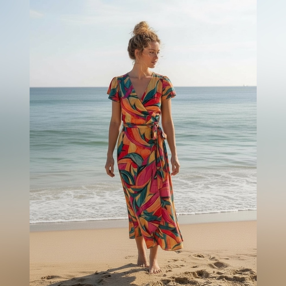 Nicole Miller colorful flutter sleeve ruffle wrap midi dress artsy 90s sz‎ M